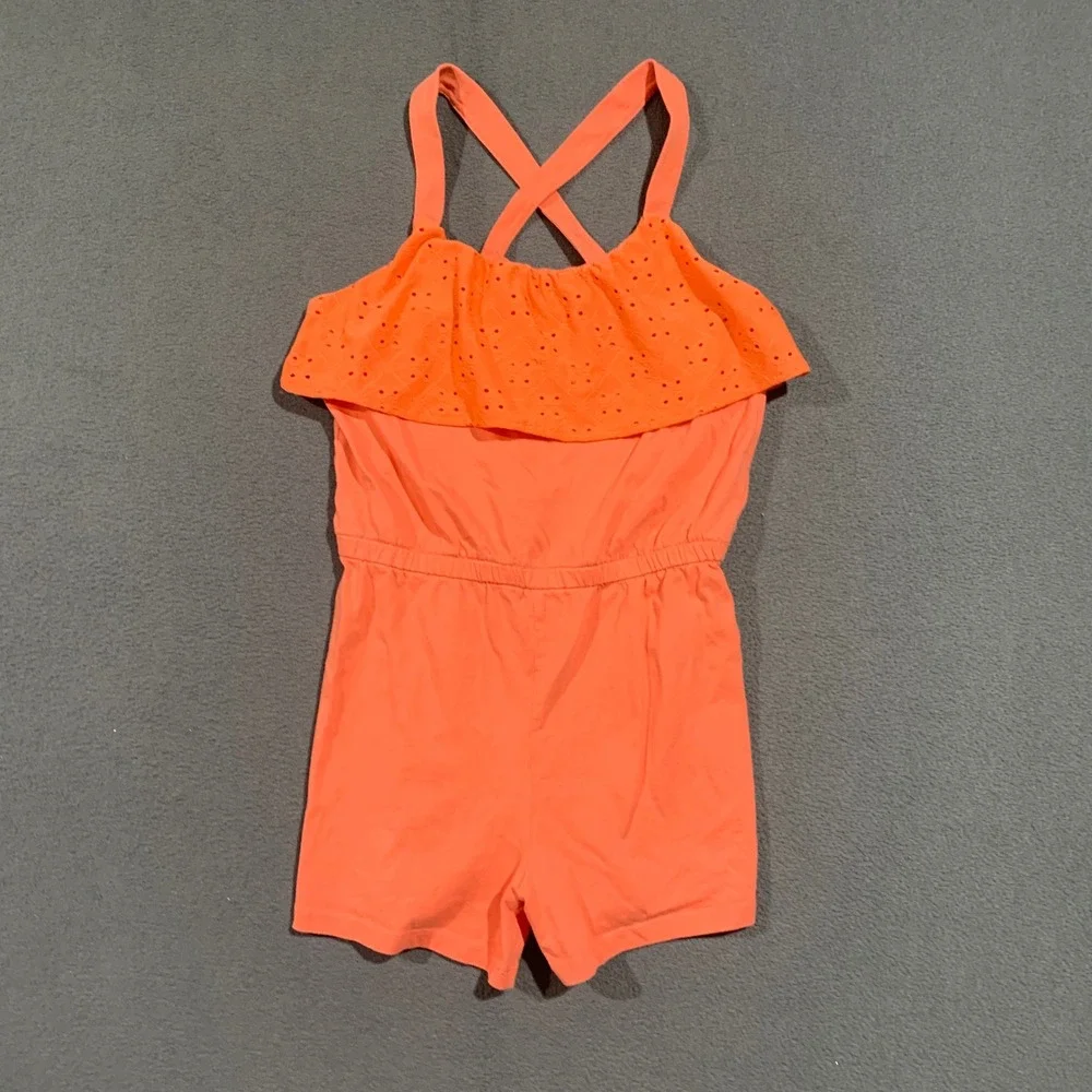Old Navy Girls Orange Eyelet Ruffle Romper XL 14 Criss Cross Back Summer‎